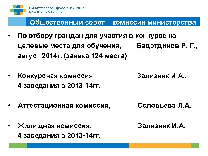 МИНИСТЕРСТВО ЗДРАВООХРАНЕНИЯ КРАСНОЯРСКОГО КРАЯ Общественный совет – комиссии министерства • По отбору граждан для