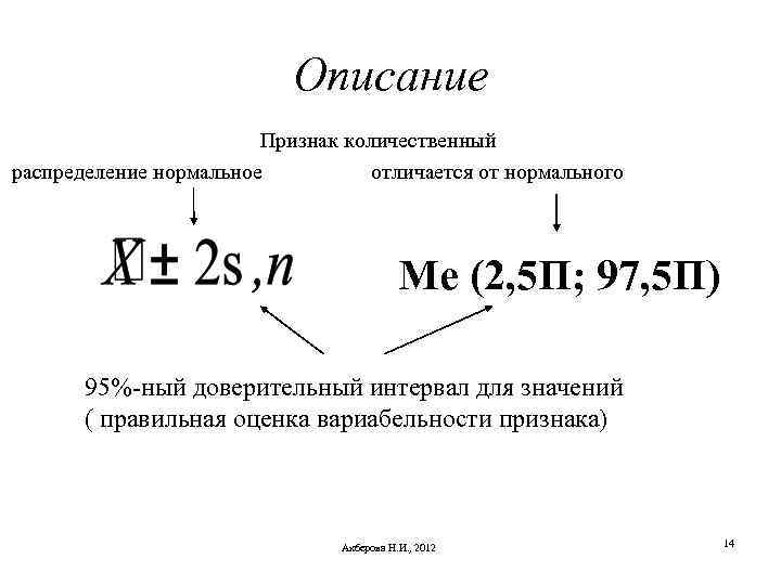 Описание Признак количественный распределение нормальное отличается от нормального Me (2, 5 П; 97, 5