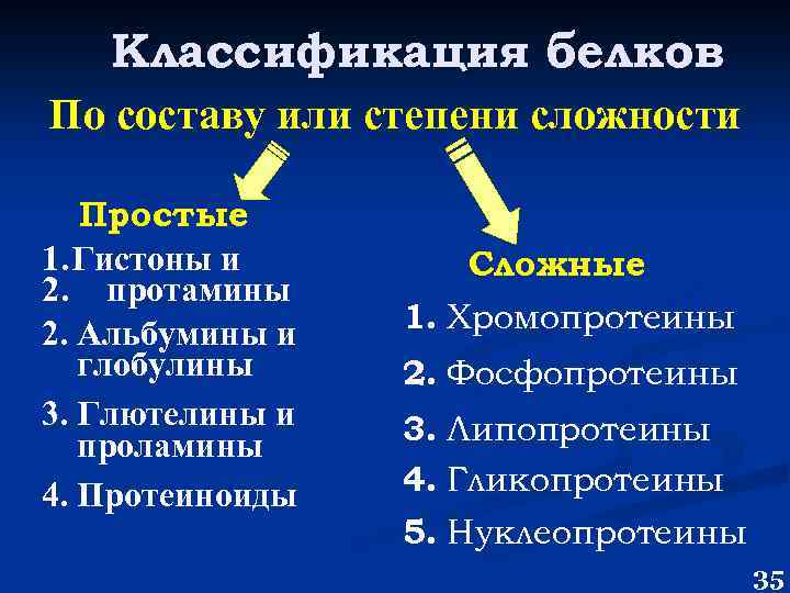 Классификация белков По составу или степени сложности Простые 1. Гистоны и 2. протамины 2.