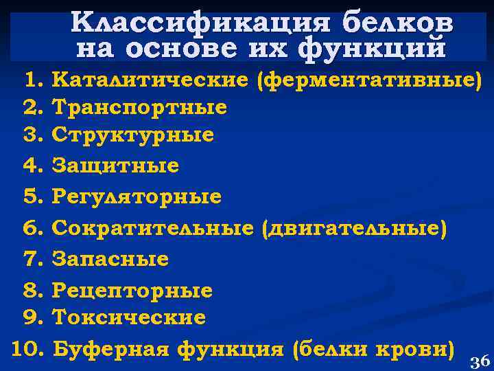 Классификация белков на основе их функций 1. Каталитические (ферментативные) 2. Транспортные 3. Структурные 4.