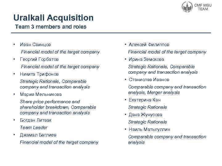 Uralkali Acquisition Team 3 members and roles Strategic Rationale • Иван Свинцов Financial model