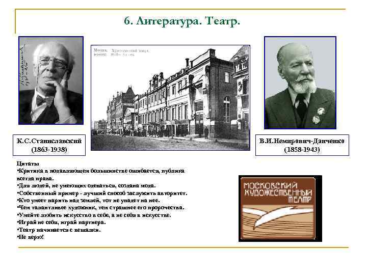 6. Литература. Театр. К. С. Станиславский (1863 -1938) Цитаты • Критика в подавляющем большинстве