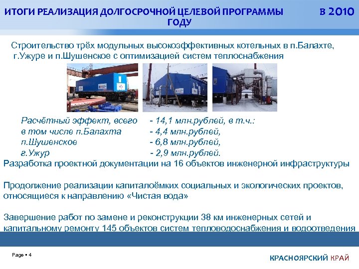 ИТОГИ РЕАЛИЗАЦИЯ ДОЛГОСРОЧНОЙ ЦЕЛЕВОЙ ПРОГРАММЫ ГОДУ В 2010 Строительство трёх модульных высокоэффективных котельных в