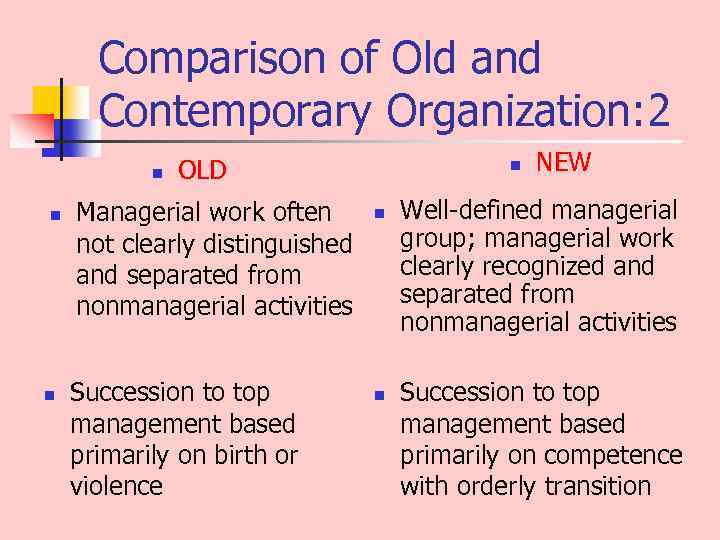 Comparison of Old and Contemporary Organization: 2 n n n OLD Managerial work often