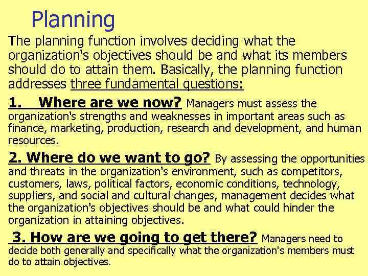 Planning The planning function involves deciding what the organization's objectives should be and what