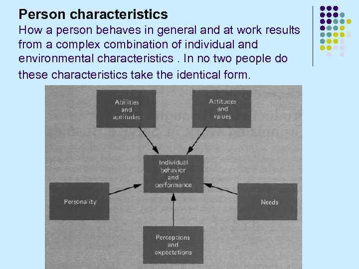 Person characteristics How a person behaves in general and at work results from a