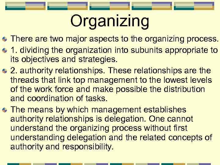Organizing There are two major aspects to the organizing process. 1. dividing the organization