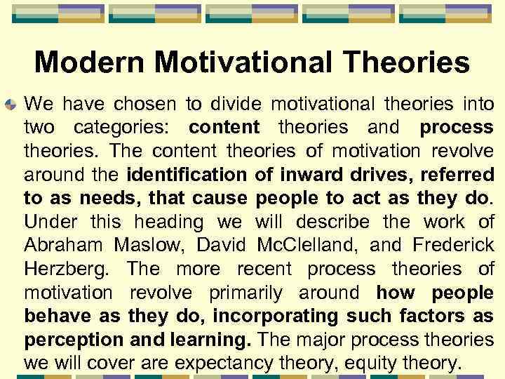 Modern Motivational Theories We have chosen to divide motivational theories into two categories: content