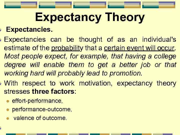Expectancy Theory Expectancies can be thought of as an individual's estimate of the probability