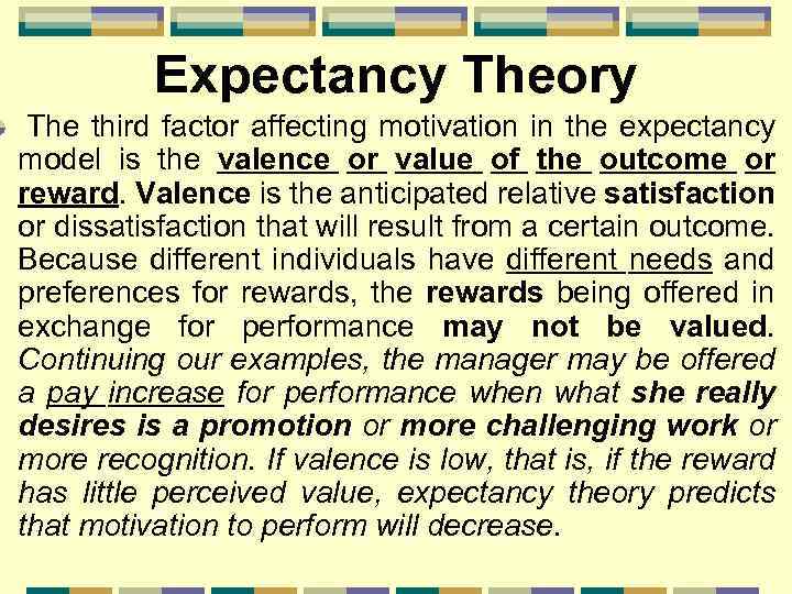 Expectancy Theory The third factor affecting motivation in the expectancy model is the valence