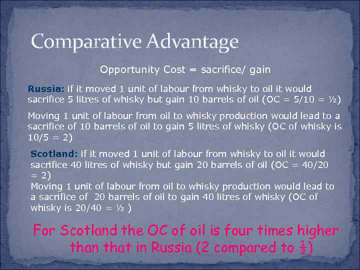 Comparative Advantage Opportunity Cost = sacrifice/ gain Russia: if it moved 1 unit of