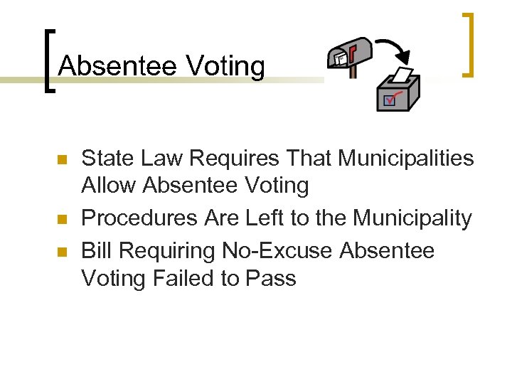 Absentee Voting n n n State Law Requires That Municipalities Allow Absentee Voting Procedures