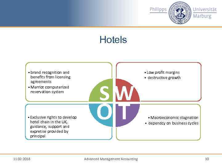 Hotels • brand recognition and benefits from licensing agreements • Marriot computerized reservation system