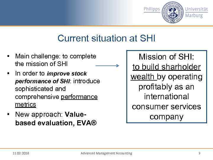 Current situation at SHI • Main challenge: to complete the mission of SHI •