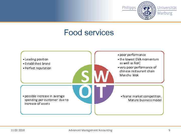 Food services • Leading position • Established brand • Perfect reputation SW • possible