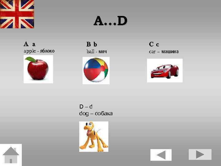 A…D A a apple - яблоко B b ball - мяч D–d dog –