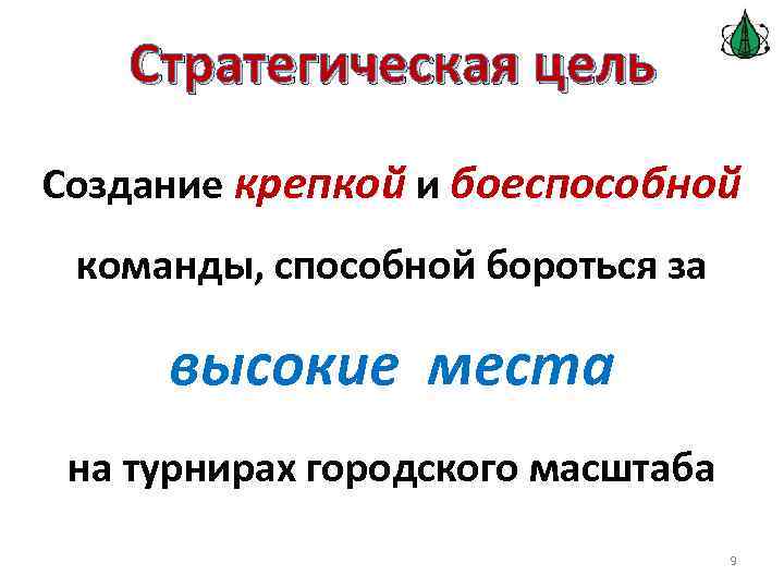 Стратегическая цель Создание крепкой и боеспособной команды, способной бороться за высокие места на турнирах