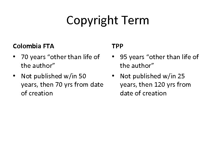 Copyright Term Colombia FTA TPP • 70 years “other than life of • 95