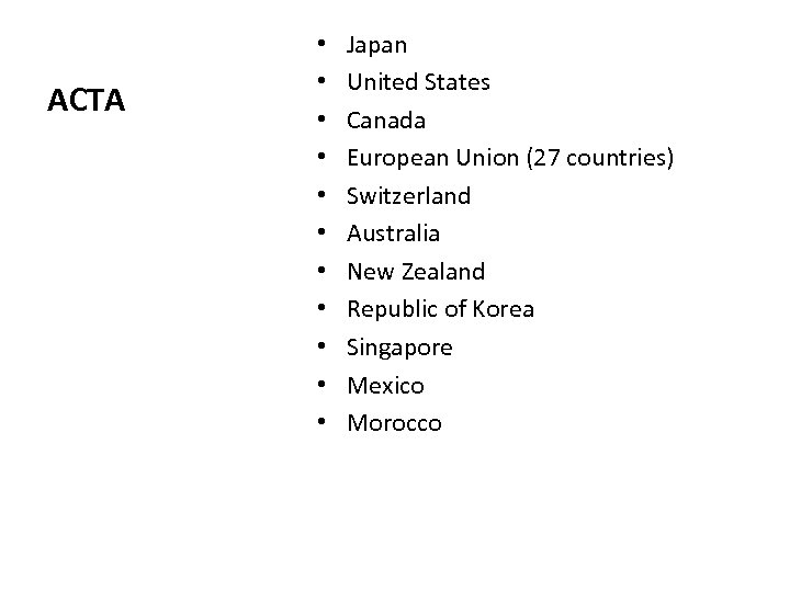 ACTA • • • Japan United States Canada European Union (27 countries) Switzerland Australia