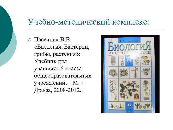 Учебно-методический комплекс: ¡ Пасечник В. В. «Биология. Бактерии, грибы, растения» : Учебник для учащихся