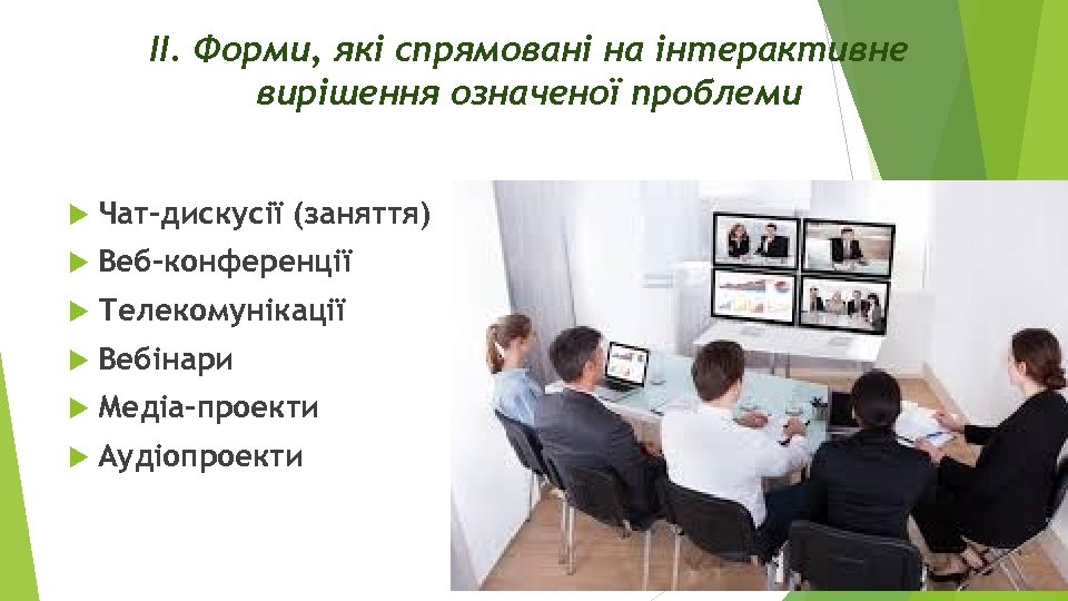 ІІ. Форми, які спрямовані на інтерактивне вирішення означеної проблеми Чат-дискусії (заняття) Веб-конференції Телекомунікації Вебінари