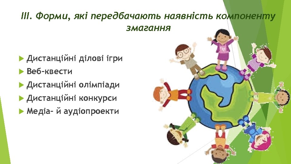 ІІІ. Форми, які передбачають наявність компоненту змагання Дистанційні ділові ігри Веб-квести Дистанційні олімпіади Дистанційні