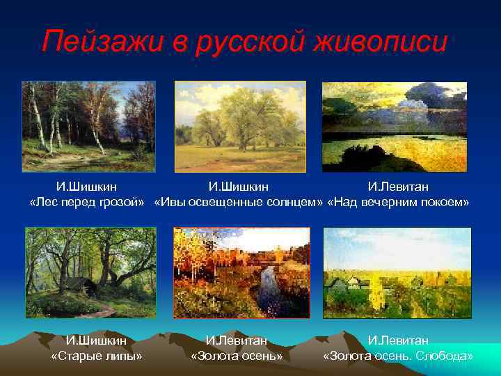 Пейзажи в русской живописи И. Шишкин И. Левитан «Лес перед грозой» «Ивы освещенные солнцем»