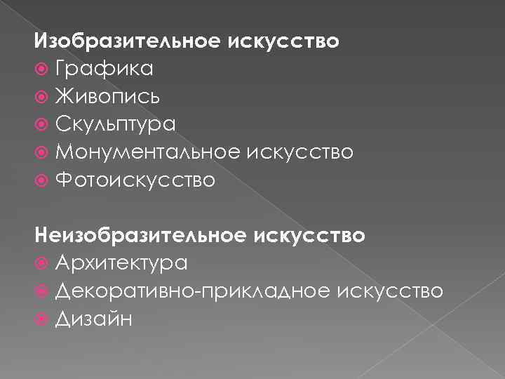 Изобразительное искусство Графика Живопись Скульптура Монументальное искусство Фотоискусство Неизобразительное искусство Архитектура Декоративно-прикладное искусство Дизайн