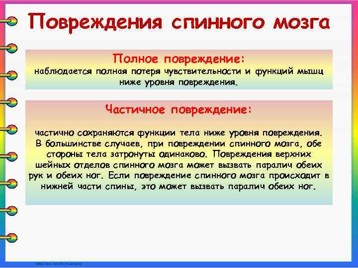 Повреждения спинного мозга Полное повреждение: наблюдается полная потеря чувствительности и функций мышц ниже уровня