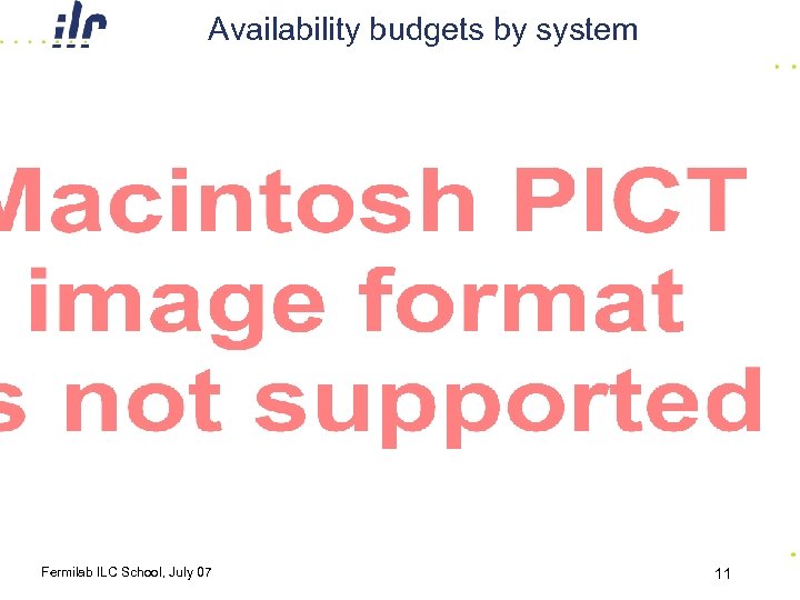 Availability budgets by system (percentage total downtime) Fermilab ILC School, July 07 11 
