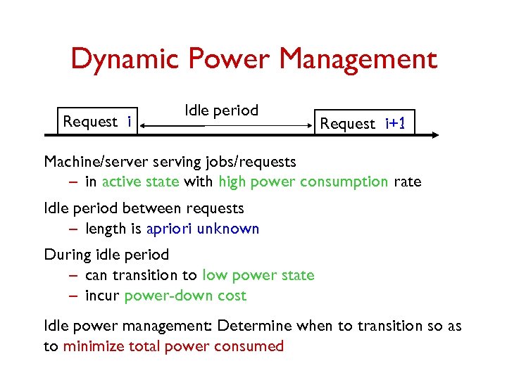 Dynamic Power Management Request i Idle period Request i+1 Machine/server serving jobs/requests – in