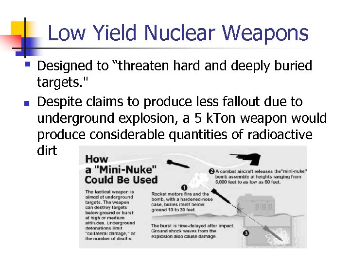 Low Yield Nuclear Weapons § n Designed to “threaten hard and deeply buried targets.