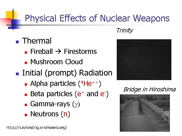 Physical Effects of Nuclear Weapons Trinity n Thermal n n n Fireball Firestorms Mushroom