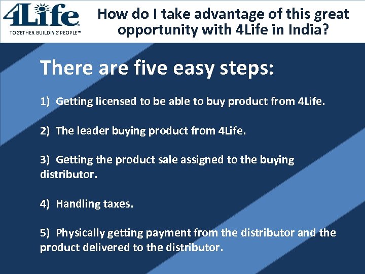 TOGETHER BUILDING PEOPLE™ How do I take advantage of this great opportunity with 4