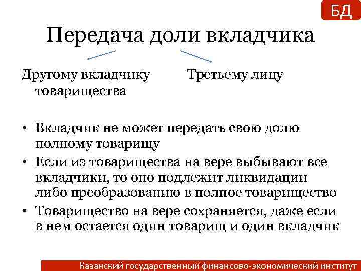 БД Передача доли вкладчика Другому вкладчику товарищества Третьему лицу • Вкладчик не может передать