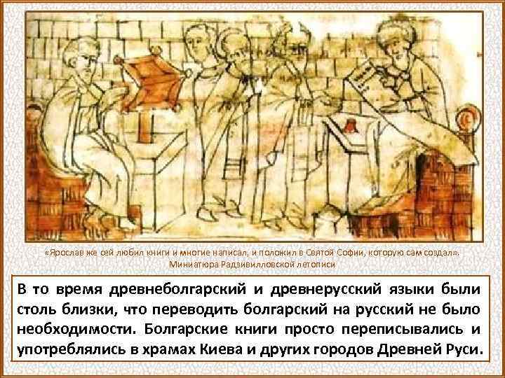  «Ярослав же сей любил книги и многие написал, и положил в Святой Софии,