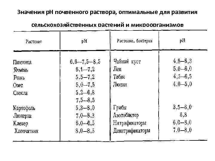 Значения р. Н почвенного раствора, оптимальные для развития сельскохозяйственных растений и микроорганизмов 