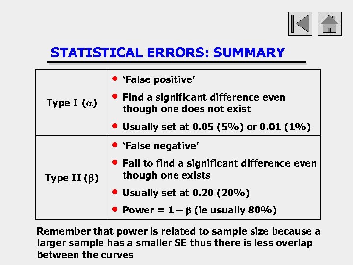 STATISTICAL ERRORS: SUMMARY Type II (b) ‘False positive’ • • • Type I (a)