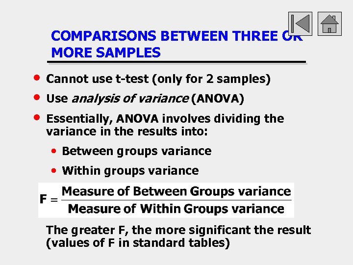 COMPARISONS BETWEEN THREE OR MORE SAMPLES • • • Cannot use t-test (only for
