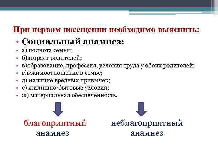 При первом посещении необходимо выяснить: • Социальный анамнез: • • а) полнота семьи; б)возраст