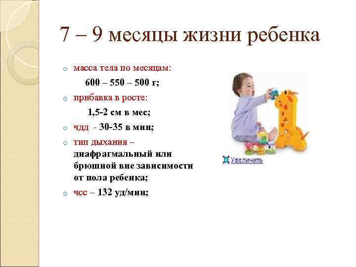 7 – 9 месяцы жизни ребенка o o o масса тела по месяцам: 600