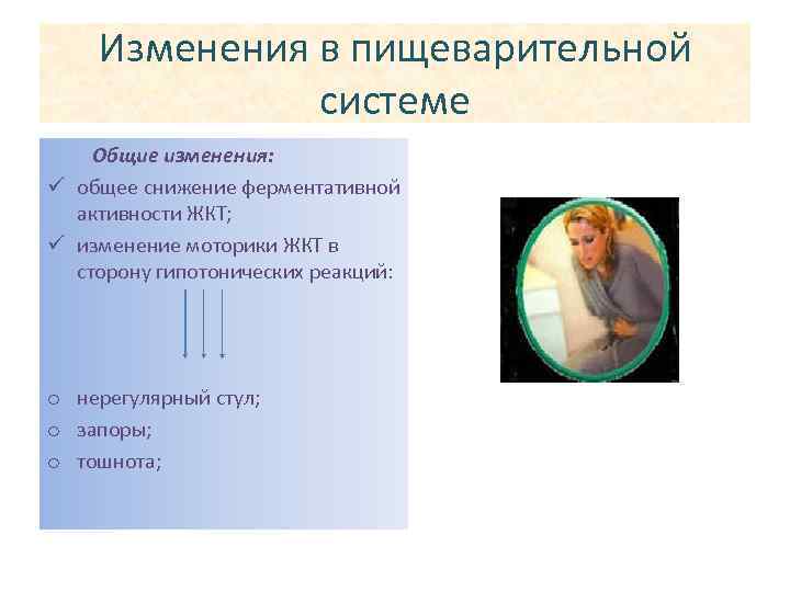 Изменения в пищеварительной системе Общие изменения: ü общее снижение ферментативной активности ЖКТ; ü изменение