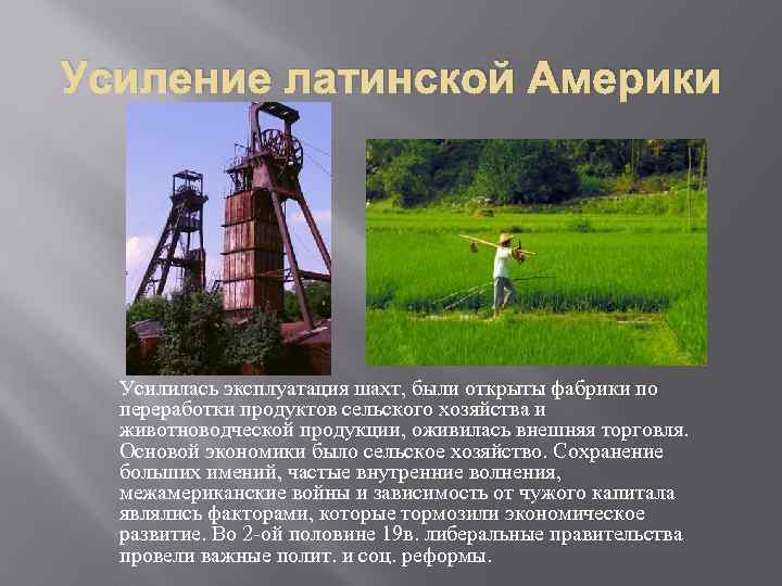 Усиление латинской Америки Усилилась эксплуатация шахт, были открыты фабрики по переработки продуктов сельского хозяйства