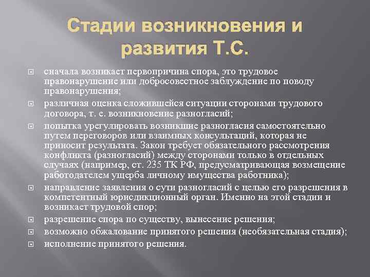 Стадии возникновения и развития Т. С. сначала возникает первопричина спора, это трудовое правонарушение или