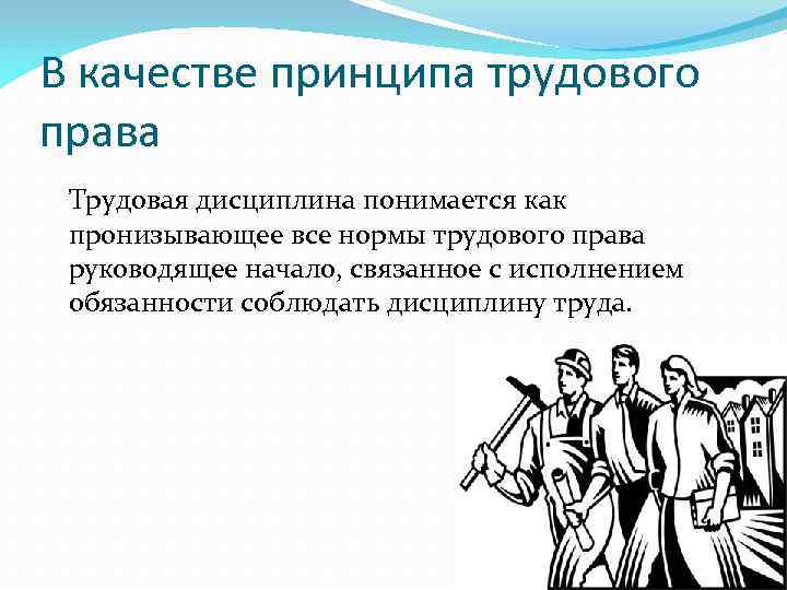 В качестве принципа трудового права Трудовая дисциплина понимается как пронизывающее все нормы трудового права