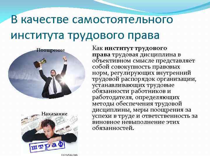 В качестве самостоятельного института трудового права Поощрение Наказание Как институт трудового права трудовая дисциплина