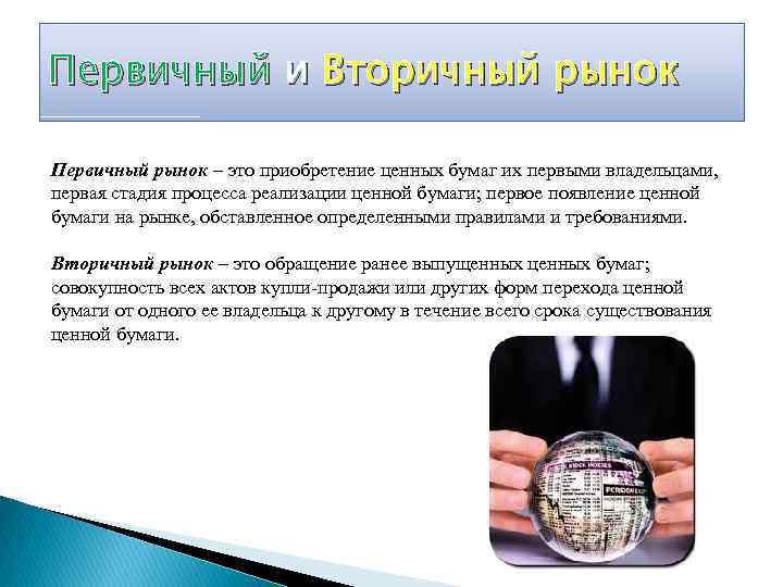 Первичный и Вторичный рынок Первичный рынок – это приобретение ценных бумаг их первыми владельцами,