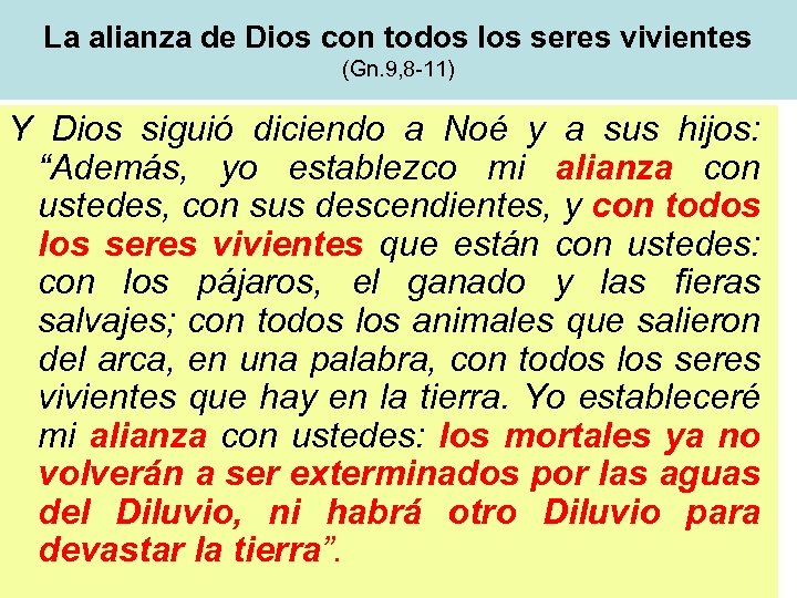 La alianza de Dios con todos los seres vivientes (Gn. 9, 8 -11) Y