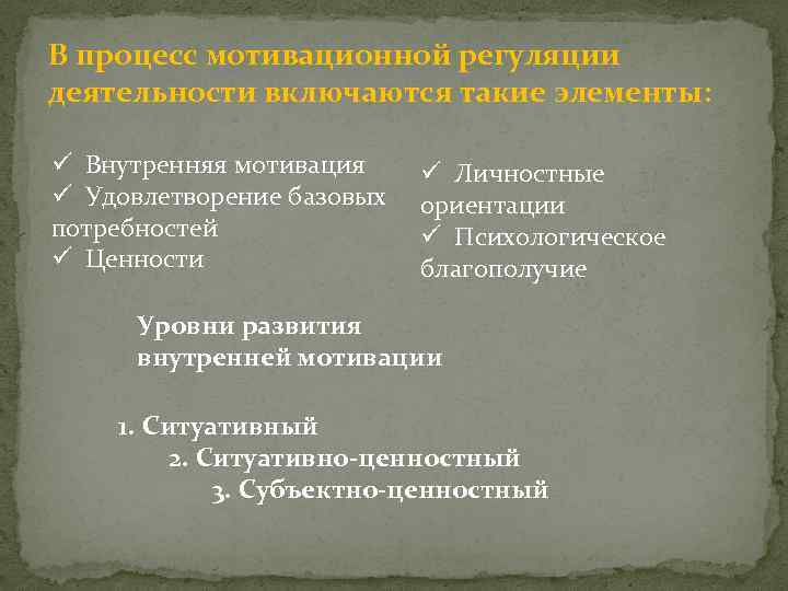 В процесс мотивационной регуляции деятельности включаются такие элементы: ü Внутренняя мотивация ü Удовлетворение базовых