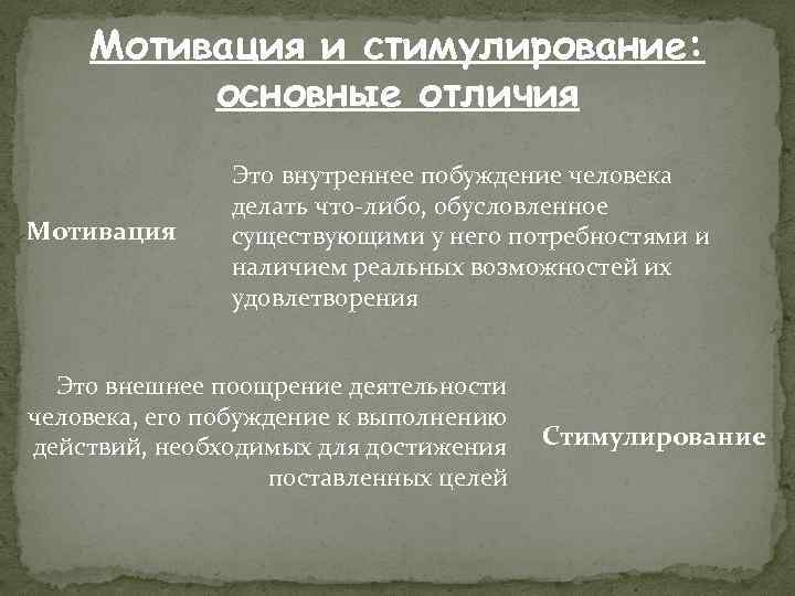 Мотивация и стимулирование: основные отличия Мотивация Это внутреннее побуждение человека делать что-либо, обусловленное существующими